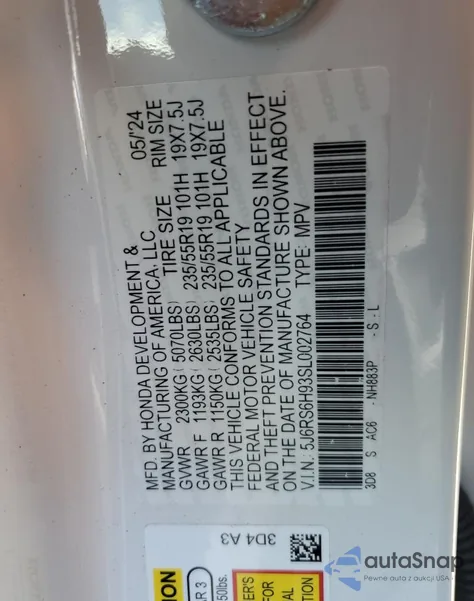 2025 Honda Cr-V Sport Touring z USA, uszkodzony, nr VIN 5J6RS6H93SL002764